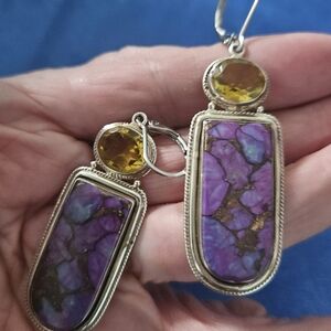 Cosmic Artisan 925 Silver Boho Purple Turquoise Citrine Dangle Earrings